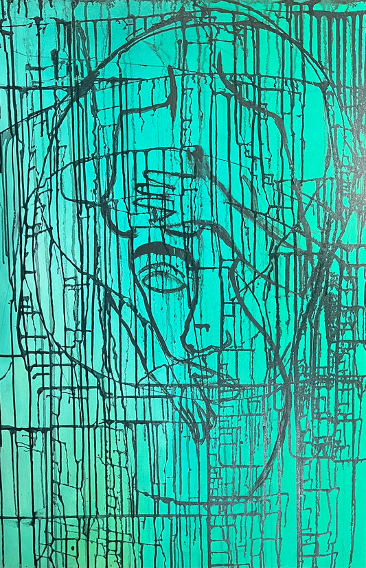 Abstract artwork with a stylized face on a teal background